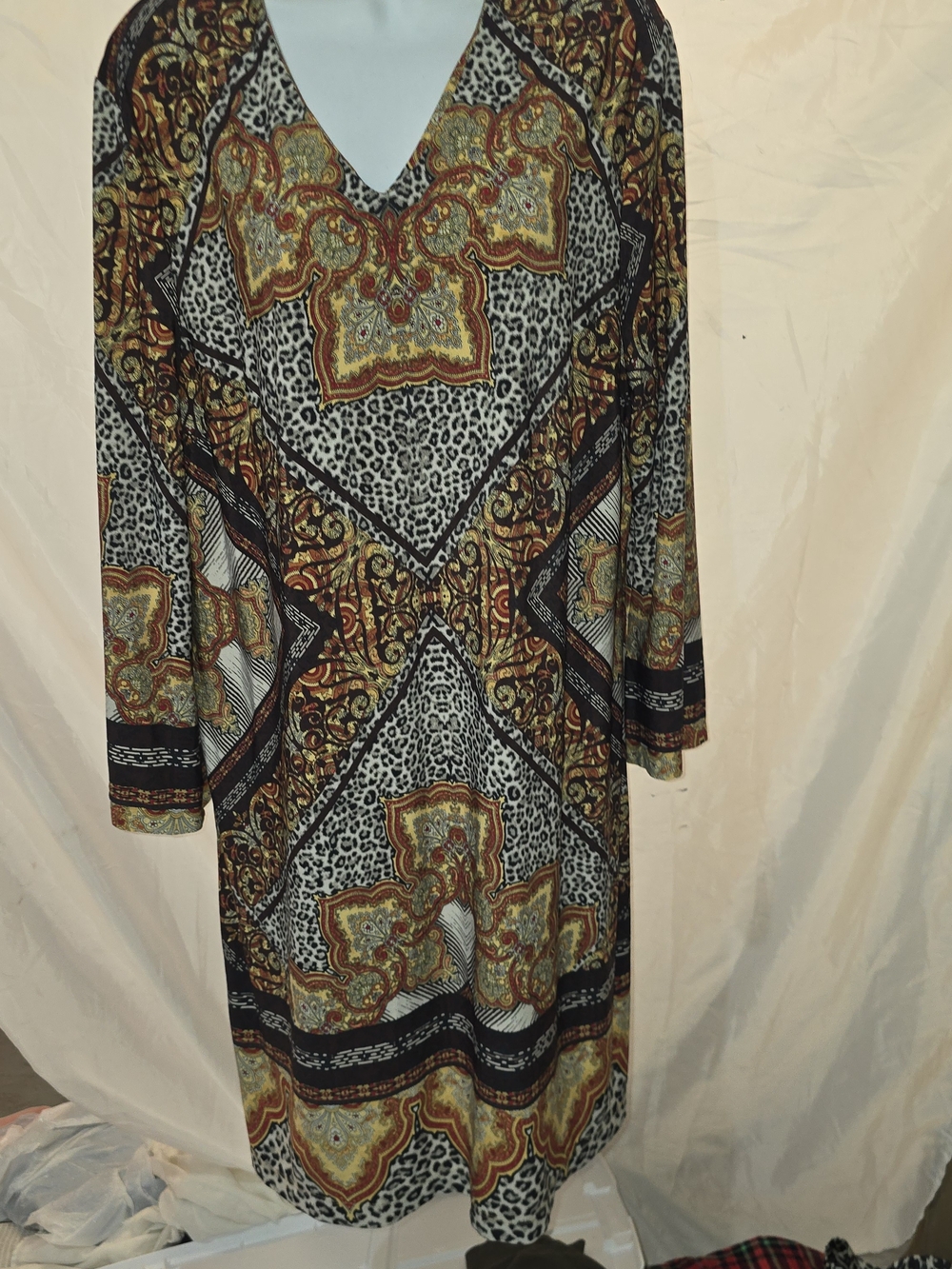 Chico's Paisley & Leopard Print V-Neck Long Sleeve Dress SIZE 3